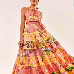 Farm Rio Mixed Pink Print Tiered Halter Maxi Dress - XS